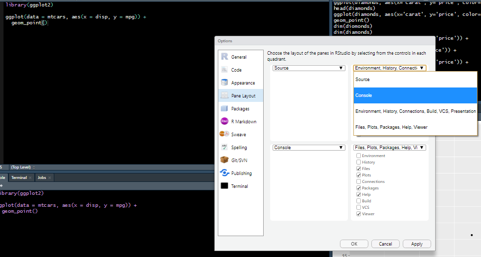 \label{fig:rstudio4} Ferramentas de aparência do RStudio