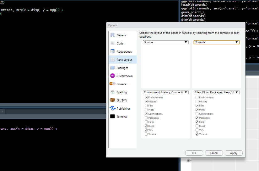 \label{fig:rstudio5} Ferramentas de aparência do RStudio